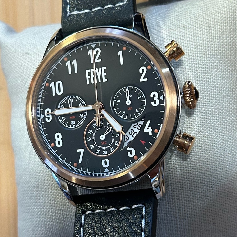 Frye Watch With 47mm Black Chronograph Face & Black Leather Band